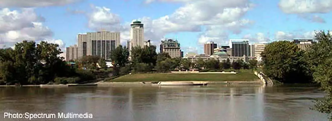 Winnipeg downtown view with Red River in foreground